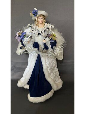 Victorian-Inspired Winter Angel Figurine In Blue Velvet Dress With White Lace An